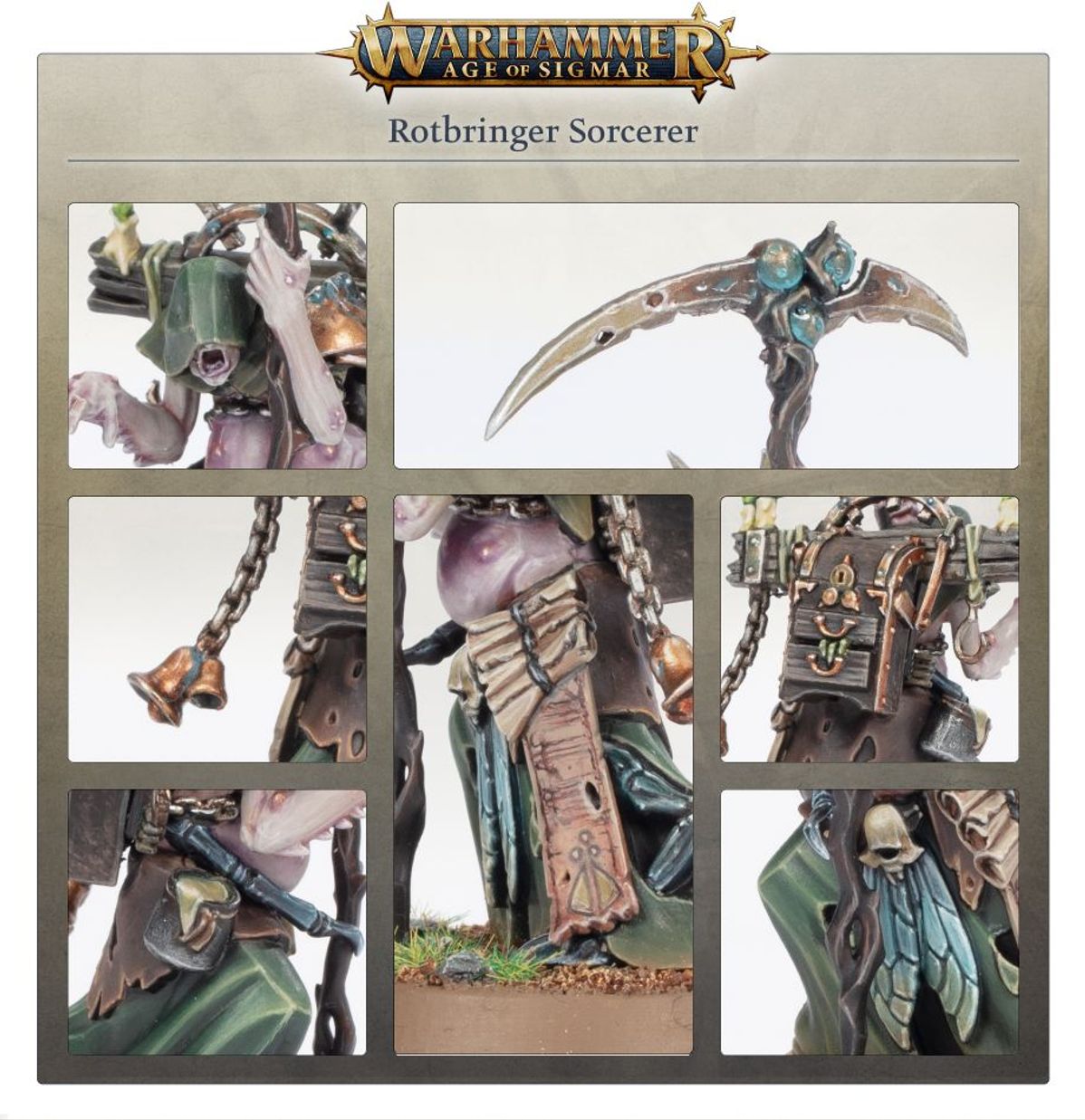 Rotbringer Sorcerer Maggotkin of Nurgle Warhammer AoS – detale ekwipunku i głowy, 83-61