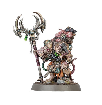 Master Moulder - zmutowana postać Skaven dwie głowy topór z rogami i zielonym warpstone fioletowy trzonek zielony wąż i pomarańczowa skórzana spódnica Age of Sigmar
