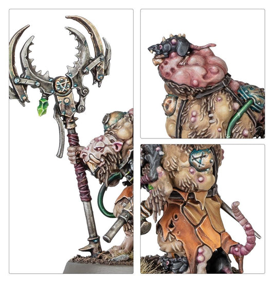 Master Moulder - zbliżenia topór z rogami i warpstone symbol Horned Rat różowa szczurza głowa na plecach i tors z metalową klamrą i fioletowymi ogonami Skaven