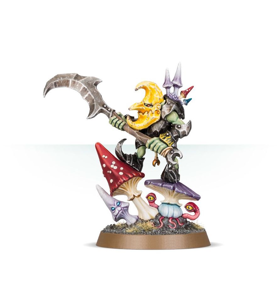 Gloomspite Gitz Loonboss - widok z przodu z moon-sickle żółtym księżycem i grzybami