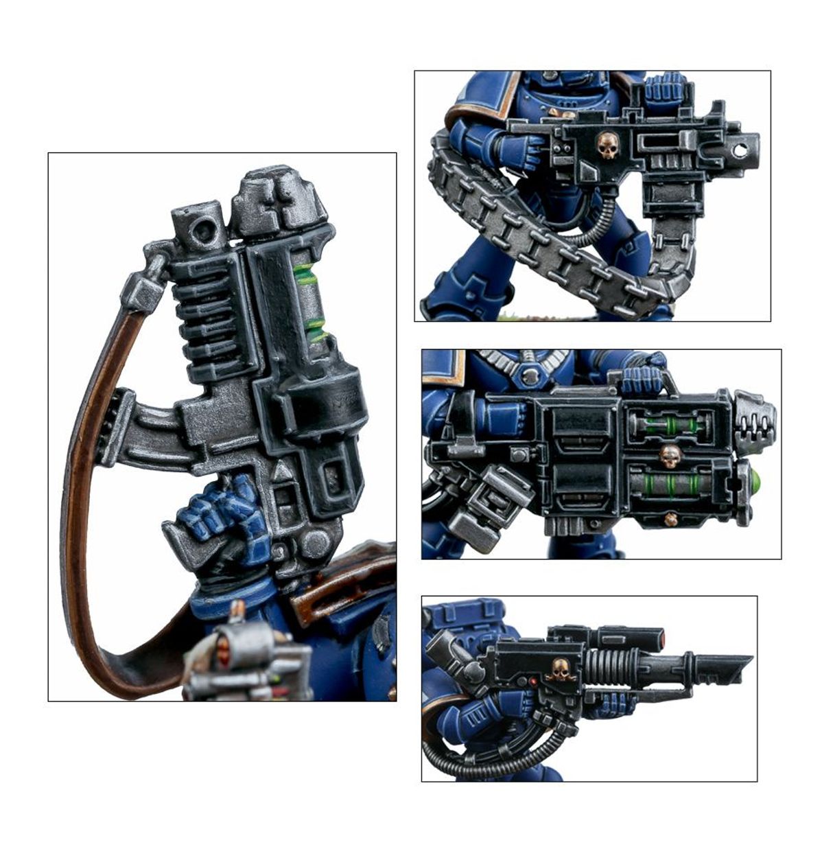 Devastator Squad Ultramarines - 4 zbliżenia broni grav-pistol czarna z brązowym uchwytem i zielonymi klejnotami grav-cannon czarna z łańcuchem ogniw i czaszką multi melta czarna z zielonym klejnotem i srebrną lufą lascannon czarna z czerwonym okiem i srebrną lufą Space Marines Warhammer 40000