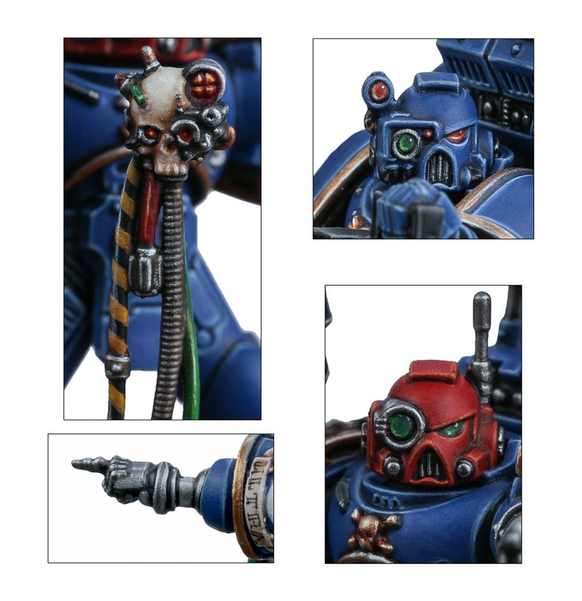 Devastator Squad Ultramarines - 4 zbliżenia: servo skull biała czaszka z czerwonymi oczami i żółto-czarnym kablem spiralnym; hełm targeting z czerwonym sensorem i zielonym okiem; hełm Sergeant czerwony z zielonym okiem i srebrną anteną; lufka wskaźnika laserowego srebrna z miniaturową dłonią i napisem ULTRA Space Marines Warhammer 40000