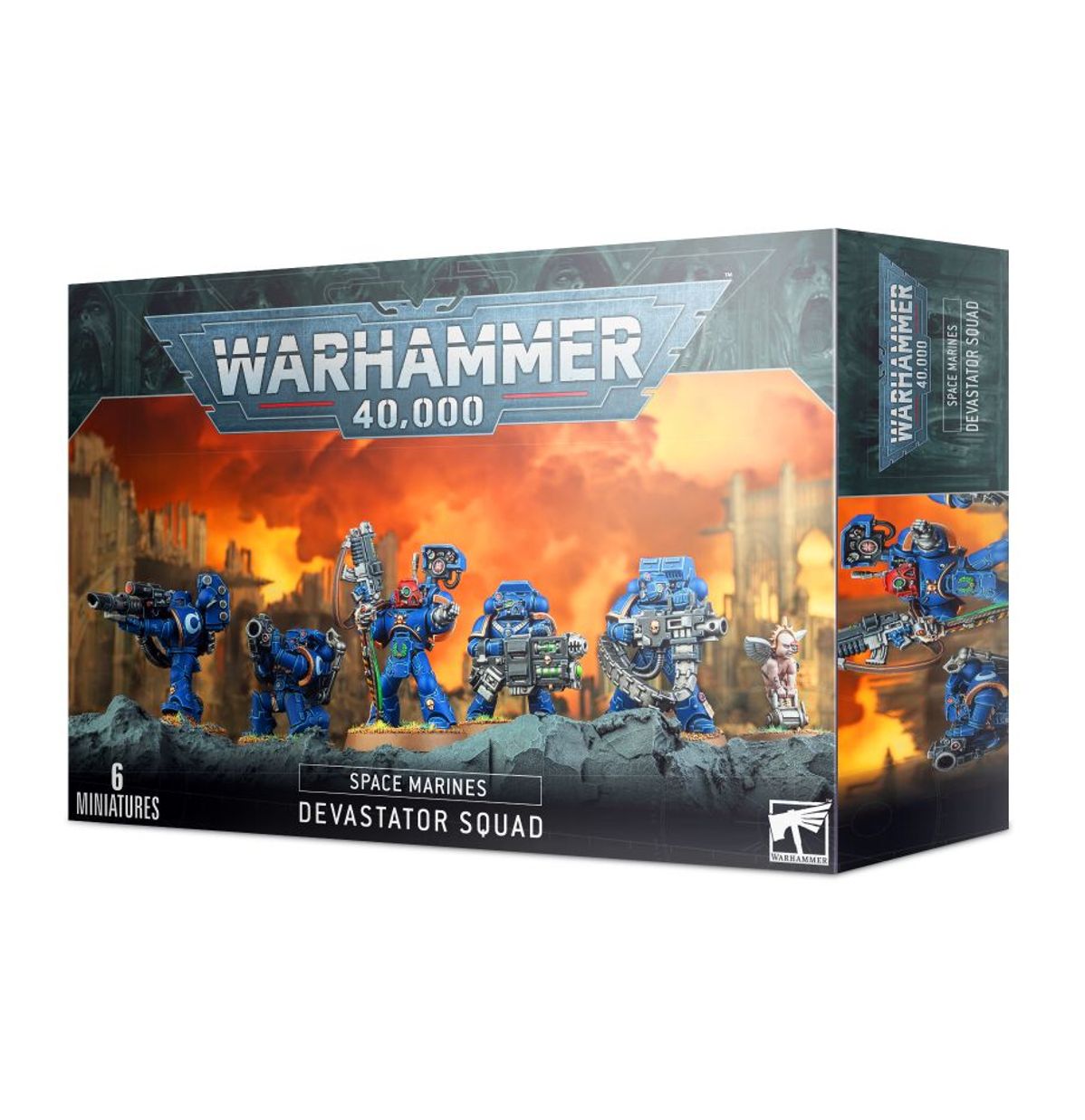 Devastator Squad - pudełko Warhammer 40000 Space Marines Devastator Squad szaro-brązowe z ilustracją 5 Ultramarines granatowa zbroja z grav-cannon lascannon multi melta i cherubem na płonącym polu bitwy z ruinami 6 Miniatures boczna ścianka z Devastatorem z grav-cannon i cherubem Games Workshop