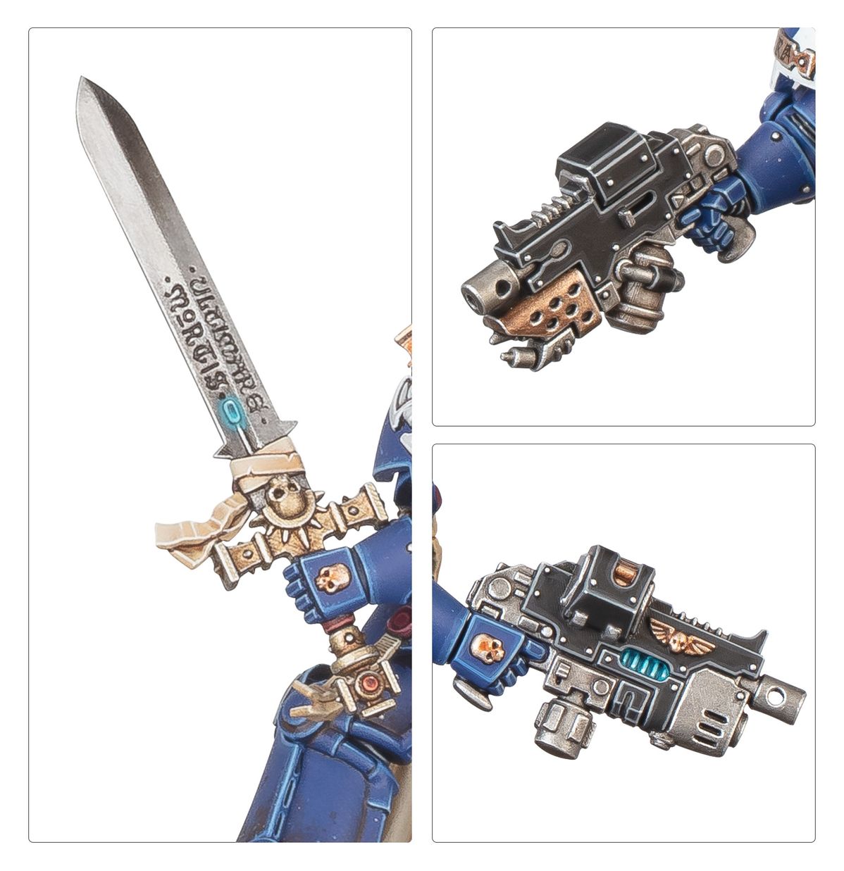 Captain in Terminator Armour - plansza 3 zbliżenia: relic sword srebrny z inskrypcją i turkusowym klejnotem złota rękojeść z czaszką; storm bolter czarno-miedziany z lufami; combi-weapon czarno-szary z turkusowym ornamentem i złotym orłem Warhammer 40K