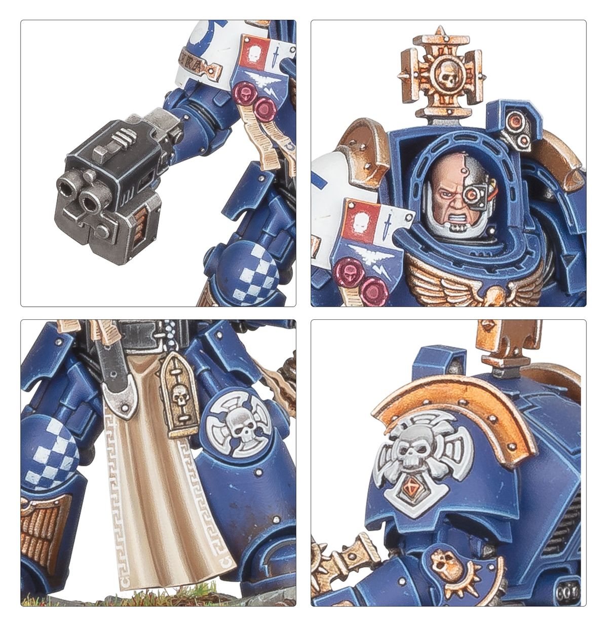 Captain in Terminator Armour - plansza 4 zbliżenia: storm bolter czarny z szachownicą na naramienniku; głowa łysa z cybernetycznym okiem złoty krzyż na hełmie; kremowy tabard z czaszką i symbolem Rozdziału; naramiennik granatowy ze srebrną czaszką i złotym ornamentem Warhammer 40K