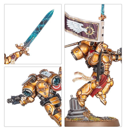 Sanguinary Guard - zbliżenia miecz z niebieską energią tył z plecakiem odrzutowym i skrzydłami oraz sztandar z orłem i łzą Sanguiniusa