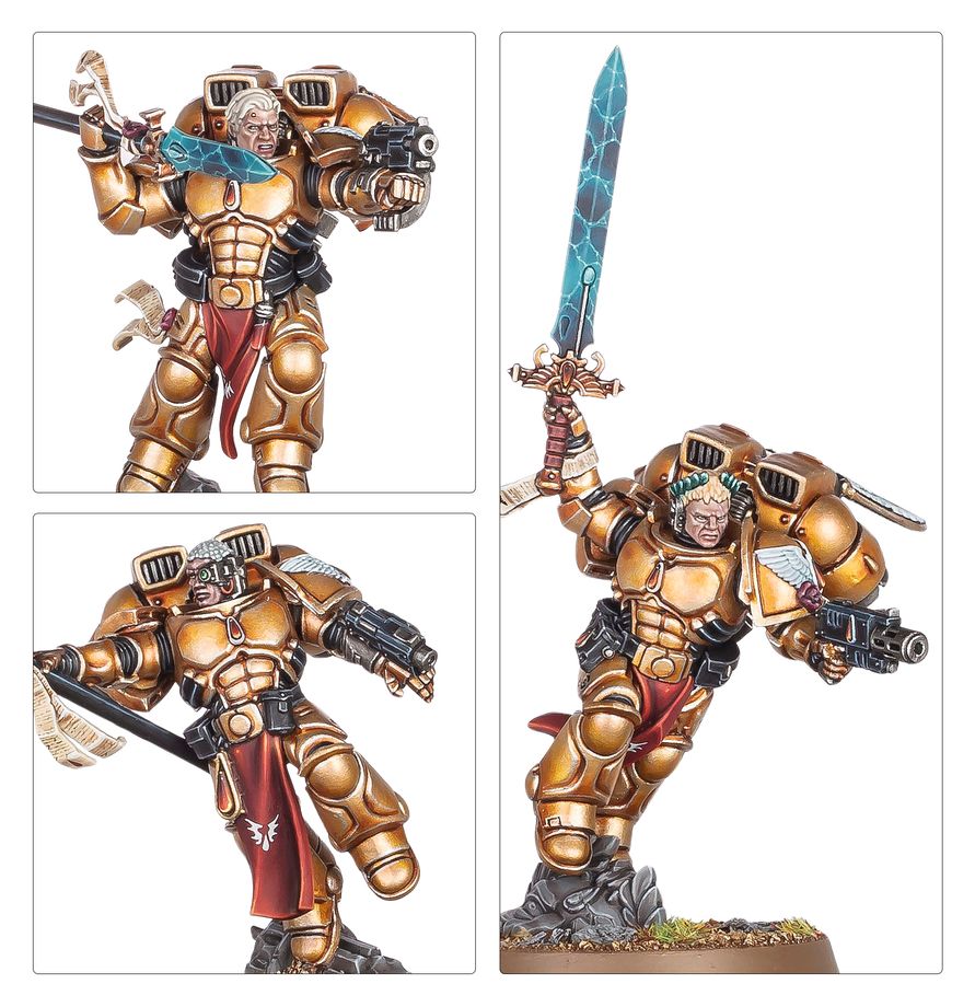 Sanguinary Guard - zbliżenia siwa głowa z mieczem i pistoletem nogi z czerwoną peleryną i orłem oraz siwa głowa z mieczem z niebieską energią