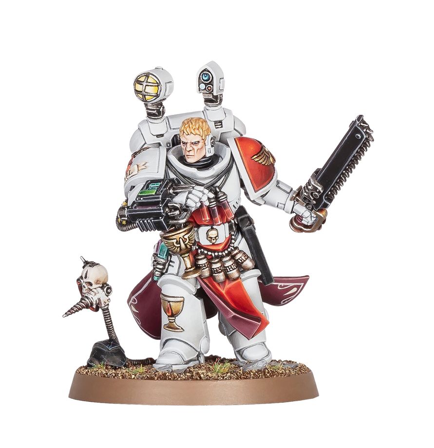Sanguinary Priest - biały pancerz blond włosy chainsaw pistolet boltowy czerwona peleryna czaszka-servo i kielich na nodze Blood Angels Warhammer 40000