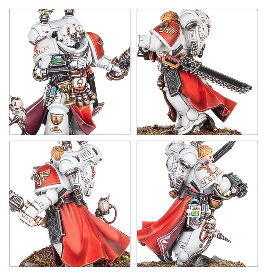 Sanguinary Priest - zbliżenia tors z kielichem chainsaw czerwona peleryna pistolet boltowy z orłem i plecak z urządzeniami medycznymi Blood Angels