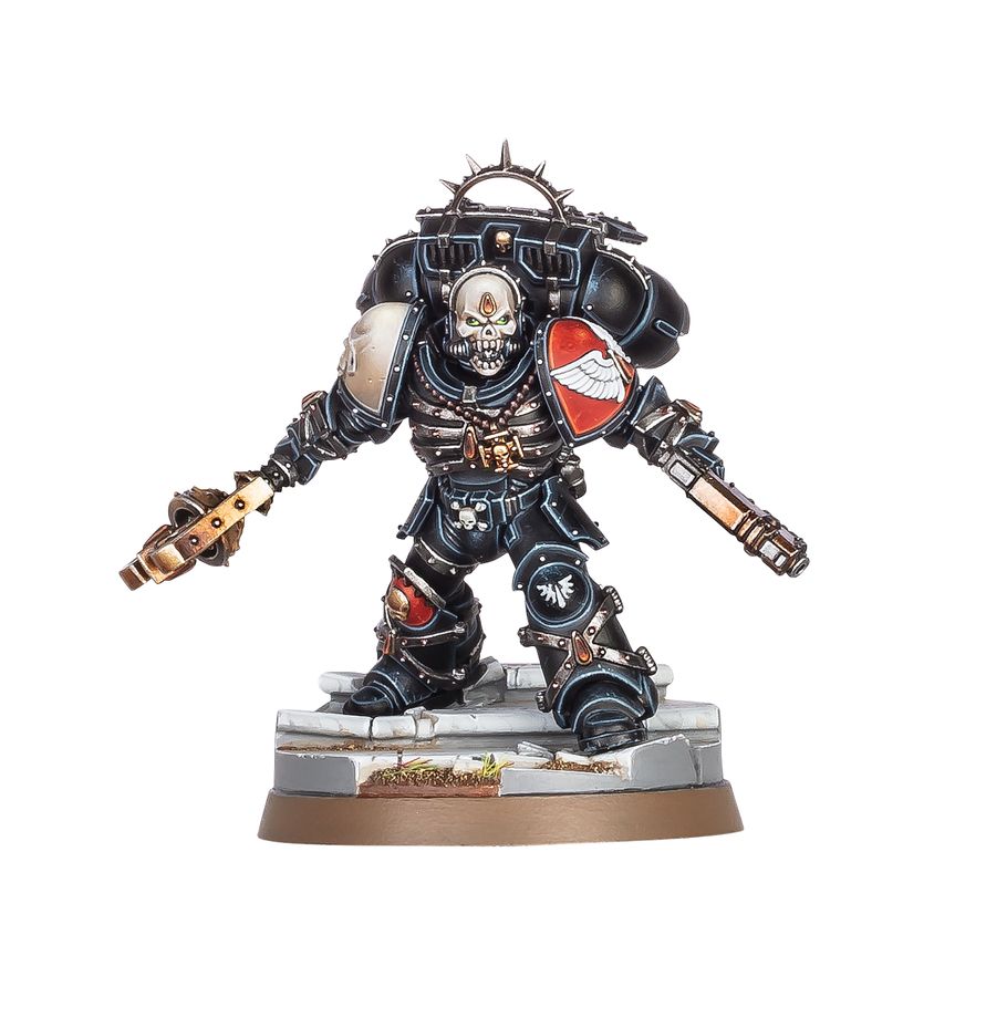 Lemartes - czarny pancerz czaszka na twarzy Krwawy Crozius plecak odrzutowy z kolcami i aureolą czerwona tarcza z białym orłem Blood Angels Warhammer 40000