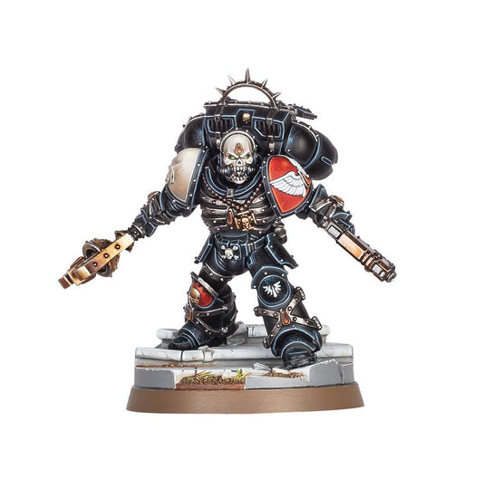 Lemartes - czarny pancerz czaszka na twarzy Krwawy Crozius plecak odrzutowy z kolcami i aureolą czerwona tarcza z białym orłem Blood Angels Warhammer 40000