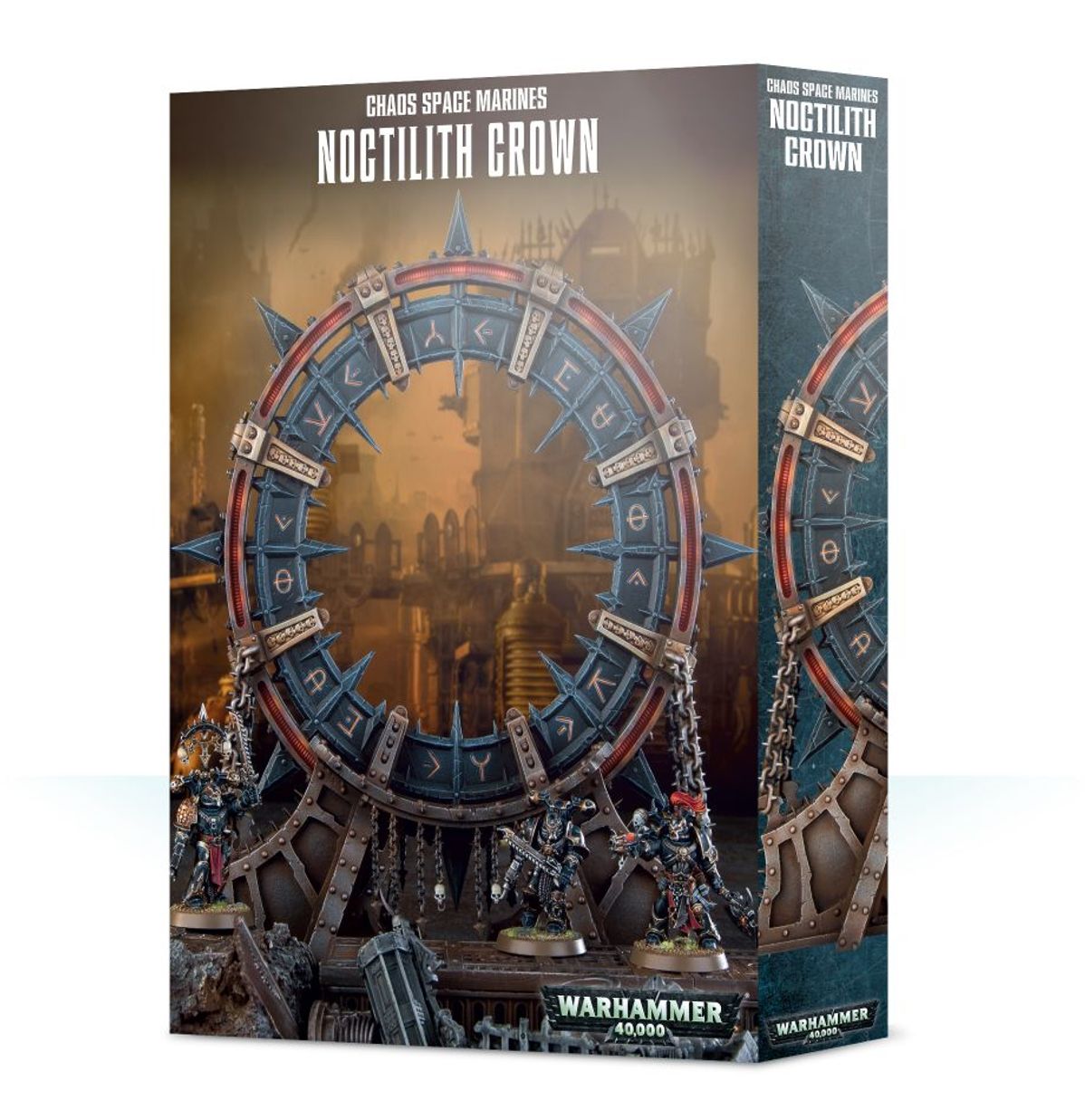 Noctilith Crown - pudełko Warhammer 40000 Chaos Space Marines brązowo-szare z ilustracją pierścienia w mglistym polu bitwy z ruinami i 3 figurkami Chaos Space Marines u podstawy Games Workshop