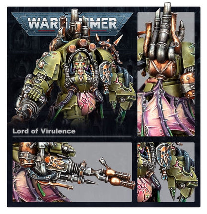 Lord of Virulence Death Guard - plansza 4 zbliżenia: widok z przodu oliwkowa zbroja czerwone oczy; miedziane rury na plecach z kolcami; twin plague spewer srebrno-miedziany z lufami; tarcza naramienna oliwkowa z różowym symbolem Nurgla Warhammer 40K