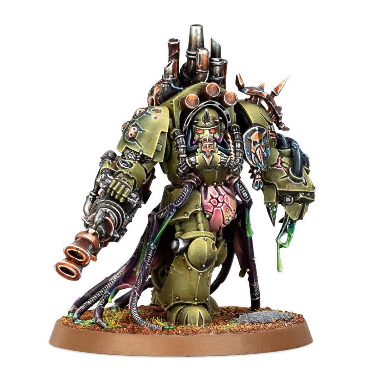 Lord of Virulence Death Guard - widok z prawej oliwkowa zbroja terminator twin plague spewer w lewej ręce power fist w prawej fioletowy płaszcz rury na plecach brązowa podstawka Warhammer 40K