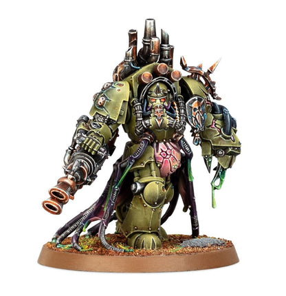 Lord of Virulence Death Guard - widok z prawej oliwkowa zbroja terminator twin plague spewer w lewej ręce power fist w prawej fioletowy płaszcz rury na plecach brązowa podstawka Warhammer 40K