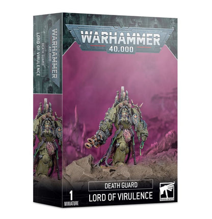 Lord of Virulence - pudełko Warhammer 40000 Death Guard szaro-fioletowe 1 Miniature oliwkowa zbroja terminator twin plague spewer fioletowe tło Games Workshop