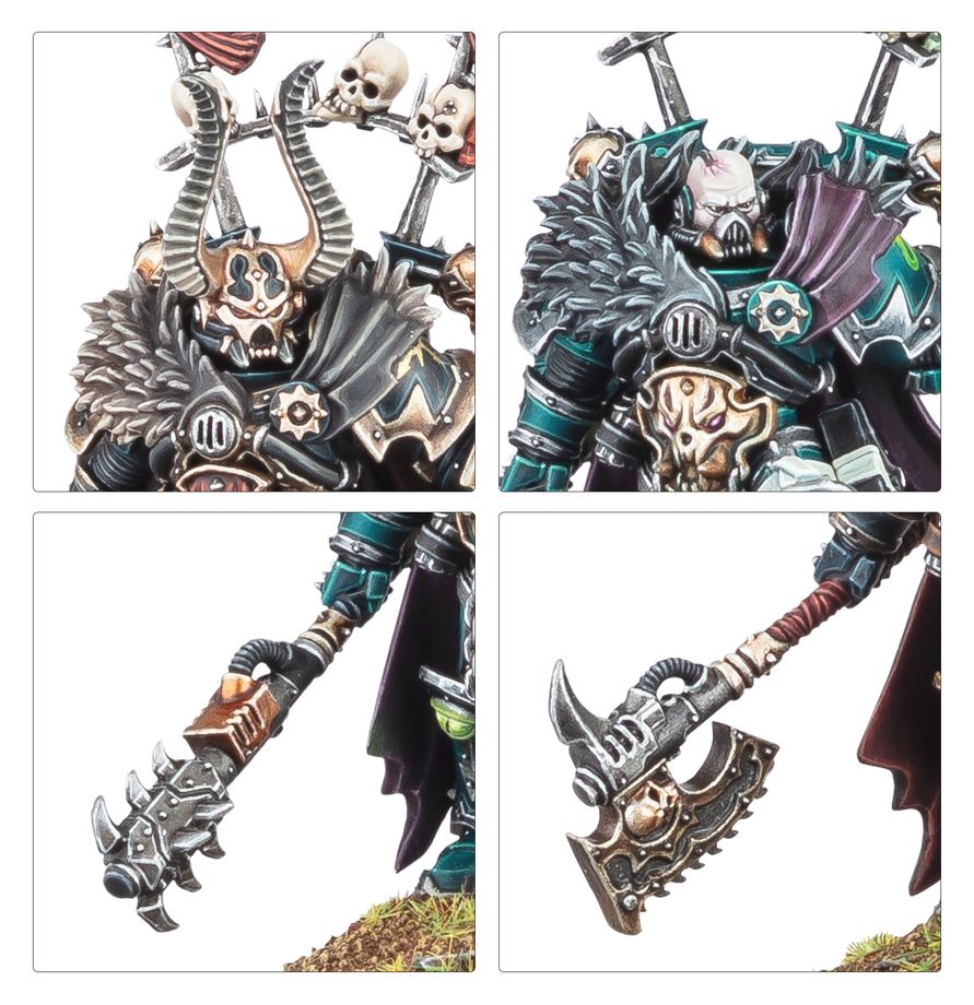 Chaos Lord - zbliżenia hełm z rogami i czaszkami tors z futrem gwiazdą chaosu młot i pistolet plazmowy Warhammer 40000