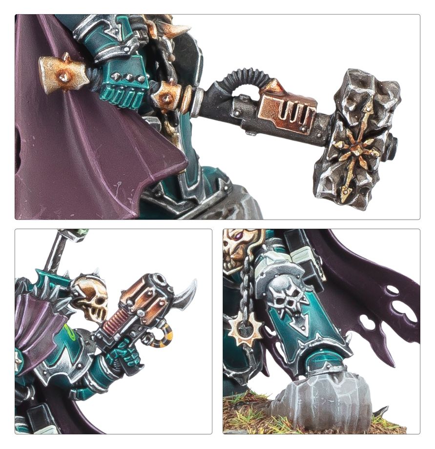 Chaos Lord - zbliżenia młot z symbolem chaosu pistolet plazmowy z czaszką i nagolennik z gwiazdą chaosu Warhammer 40000