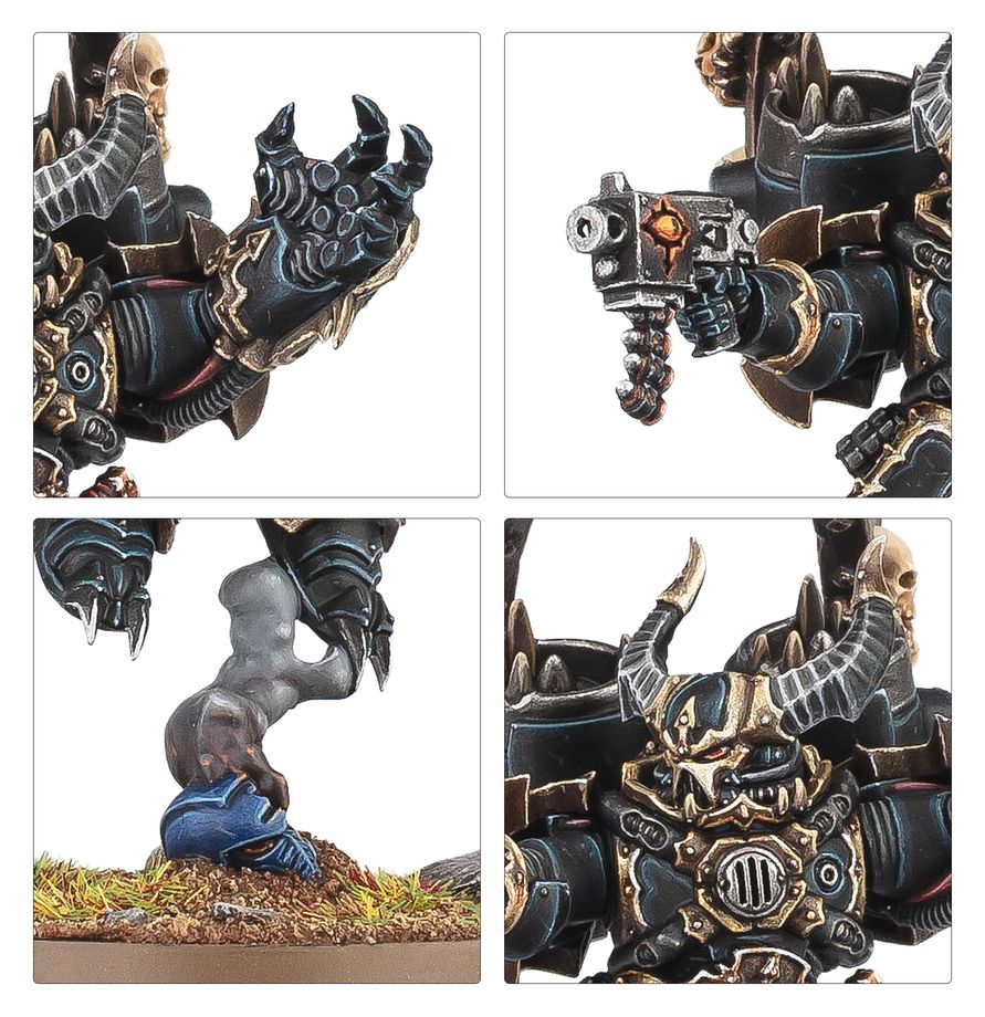 Chaos Lord with Jump Pack - zbliżenia power fist z pazurami pistolet boltowy nogi z deptaniem wroga i hełm z rogami czarny pancerz