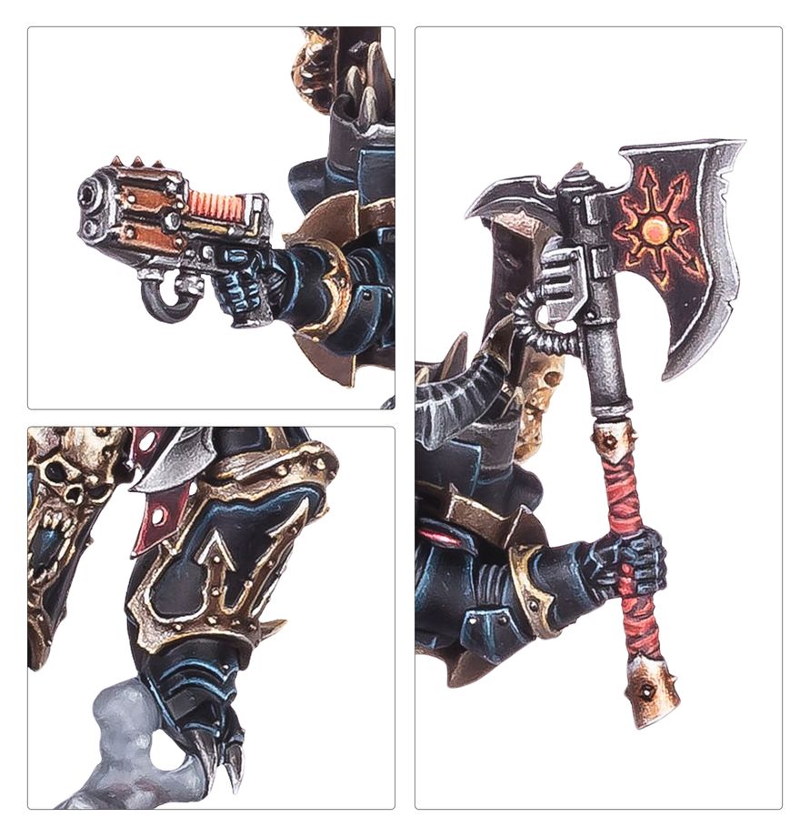 Chaos Lord with Jump Pack - zbliżenia pistolet plazmowy topór z gwiazdą chaosu i czerwonym trzonkiem nagolennik z symbolem chaosu