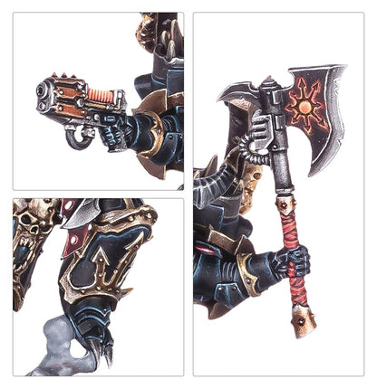 Chaos Lord with Jump Pack - zbliżenia pistolet plazmowy topór z gwiazdą chaosu i czerwonym trzonkiem nagolennik z symbolem chaosu
