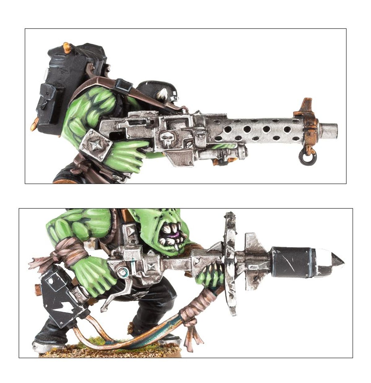 Ork Boyz - plansza 2 kadry: Boy z big shoota długa szara lufa z otworami czarny plecak; Boy z rokkit launcha zielona skóra otwarte usta Orks Warhammer 40000