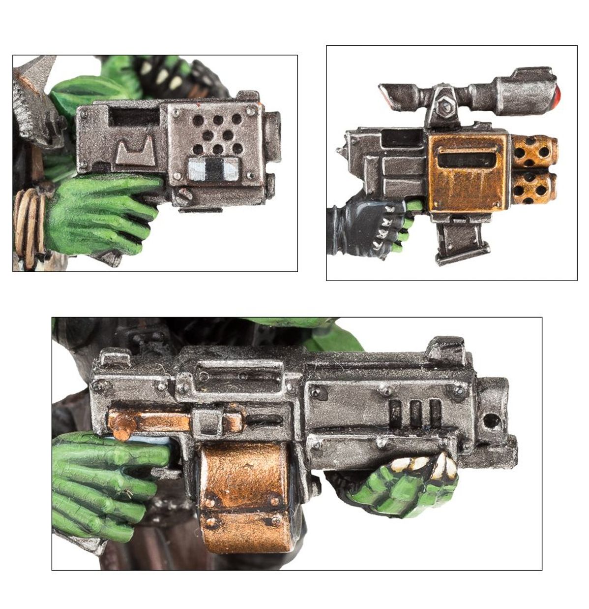 plansza 3 kadry zbliżeń: slugga szara z kwadratowym magazynkiem; kombi-shoota złoto-szara z czerwonym celownikiem; slugga z bębenkowym magazynkiem Orks Warhammer 40000