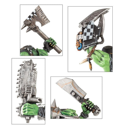 Ork Boyz - plansza 4 kadry zbliżeń broni: choppa siekiera szachownica; hełm szachownica z rogami; piła łańcuchowa szara z zębami; nóż choppa szeroki szary Orks Warhammer 40000