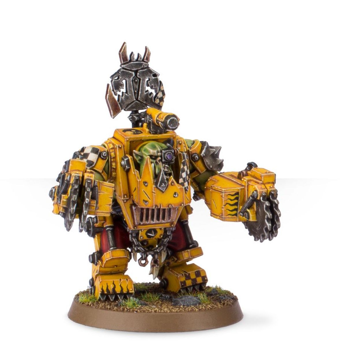Meganob Orks - żółta mega armour killsaw szachownica szary hełm z rogami zielona skóra czerwona peleryna brązowa podstawka Warhammer 40000