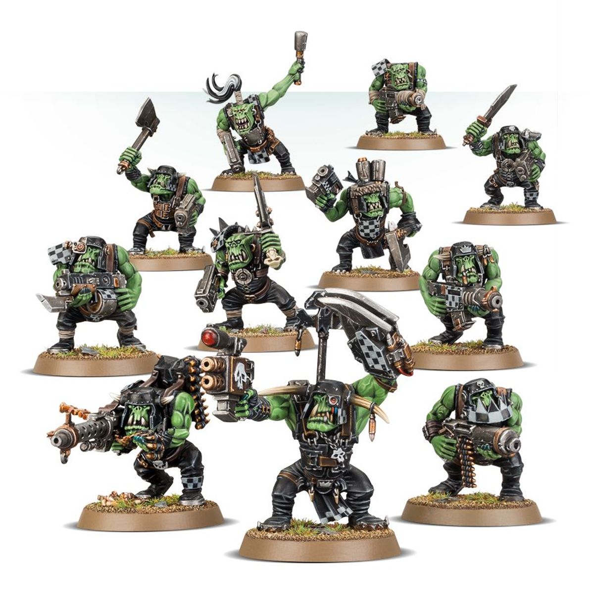 Ork Boyz - widok grupowy 11 modeli zielona skóra czarne kombinezony sluggi choppas shoota heavy weapon brązowe podstawki Warhammer 40000