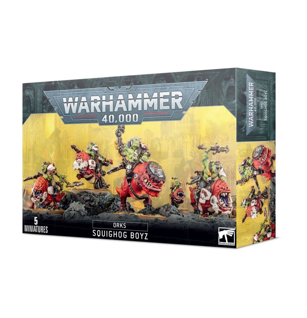 Squighog Boyz - pudełko Warhammer 40000 Orks 5 modeli czerwone squigi zielona skóra żółte tło 5 Miniatures Games Workshop