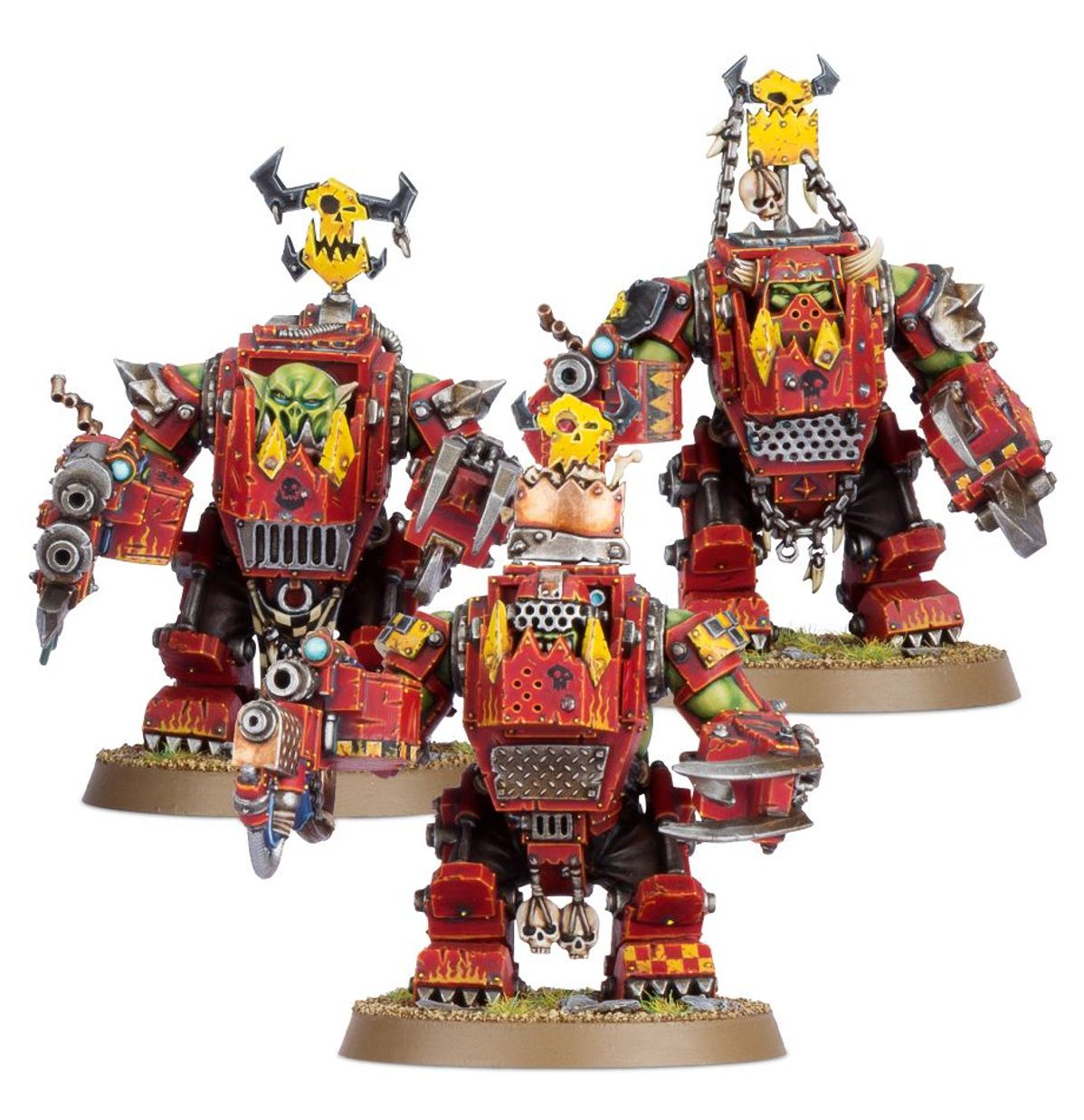 Meganob Orks Bad Moons - żółta mega armour killsaw szachownica czaszka na pice czerwony hełm brązowa podstawka Warhammer 40000