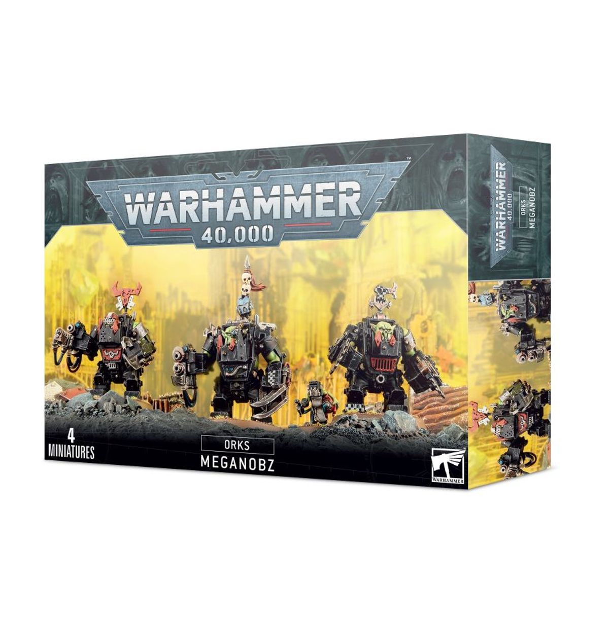 Meganobz - pudełko Warhammer 40000 Orks Meganobz czarne z ilustracją 3 Meganobz żółte tło 4 Miniatures Games Workshop