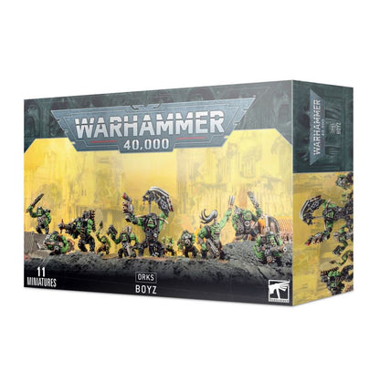 Ork Boyz - pudełko Warhammer 40000 Orks Boyz szaro-żółte 11 Miniatures ilustracja 11 Boyz z choppas sluggi shootas Games Workshop