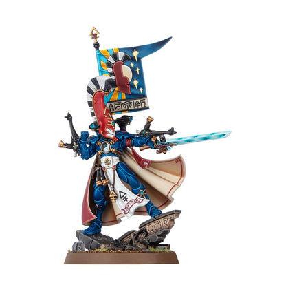 Asurmen Feniks Lord Dire Avengers - widok z prawej z Sword of Asur sztandarem i maską Aeldari