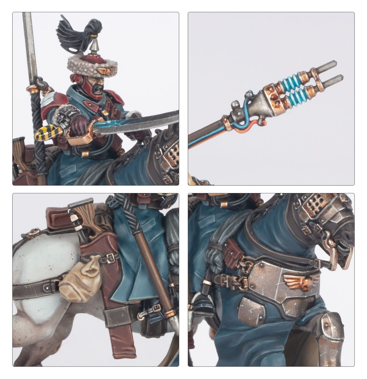 Attilan Rough Rider Sergeant - 4 zbliżenia twarz z otwartymi ustami szary kołpak z czarnym pióropuszem szabla z turkusowym ostrzem i żółto-czarnym uchwytem końcówka hunting lance electrical goad z turkusową sprężyną i miedzianymi złączami tylna część konia z brązową sakwą i kaburami pas z szarymi metalowymi płytami i symbolem orła Astra Militarum Warhammer 40000