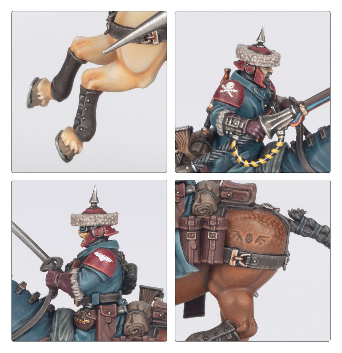 Attilan Rough Rider - 4 zbliżenia nogi konia w galopie beżowe z czarnymi kopytami i ochraniaczami Rough Rider z szarym kołpakiem i bordowymi naramiennikam z białą czaszką electrical goad lance z żółto-czarnym kablem Rough Rider z szarym kołpakiem i symbolem orła szabla w dół brązowe sakwy tylna część konia z brązową torbą z symbolem orła i zwiniętym bagażem Astra Militarum Warhammer 40000