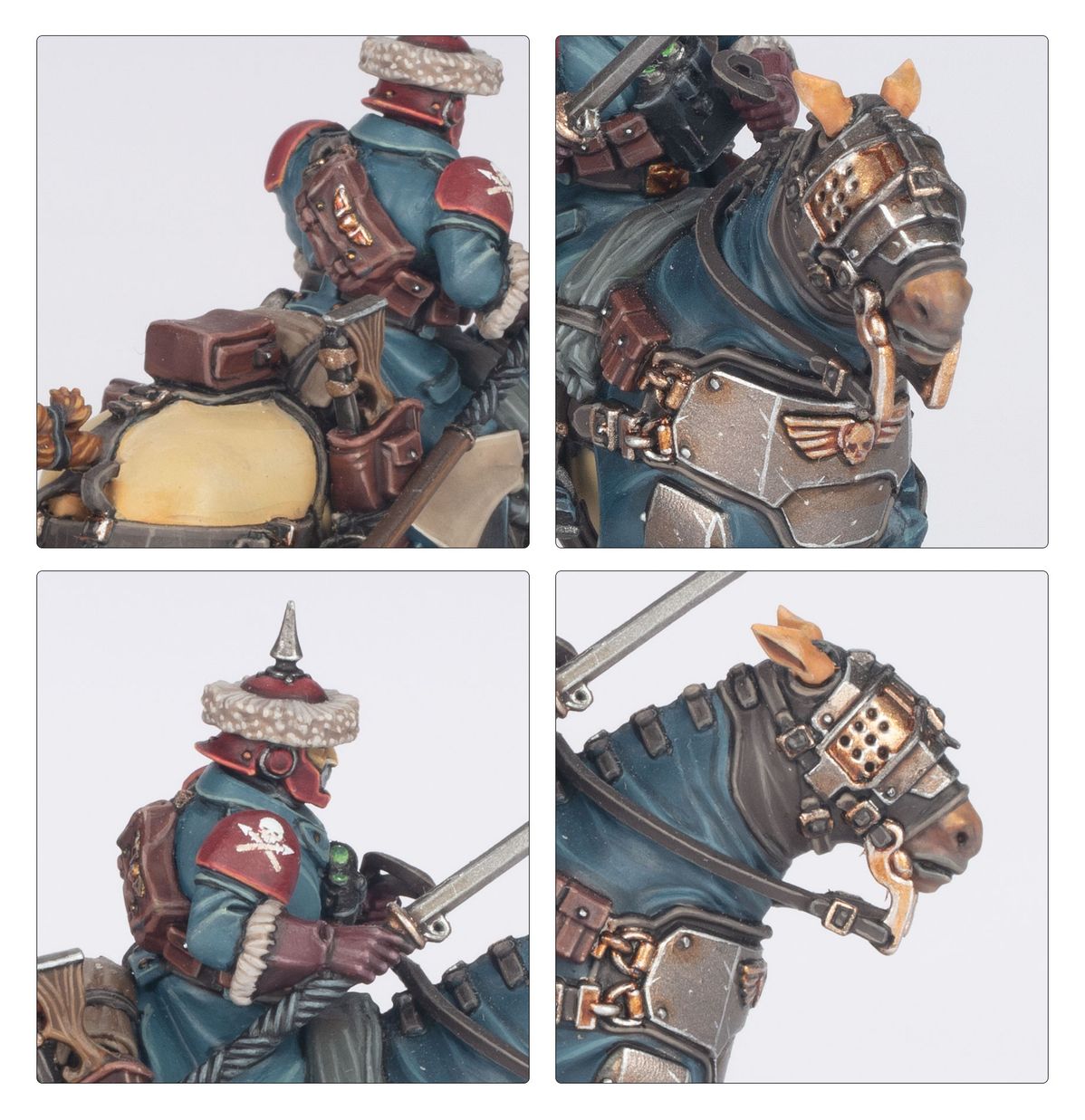 Attilan Rough Rider - 4 zbliżenia plecy jeźdźca niebieska peleryna bordowe naramienniki z symbolem orła brązowy plecak z sakwami głowa konia z szarą zbroją z symbolem czaszki i skrzyżowanych piszczeli Rough Rider z szarym kołpakiem i symbolem czaszki szabla w dół głowa konia z szarą zbroją z 9 otworami w siatce Astra Militarum Warhammer 40000