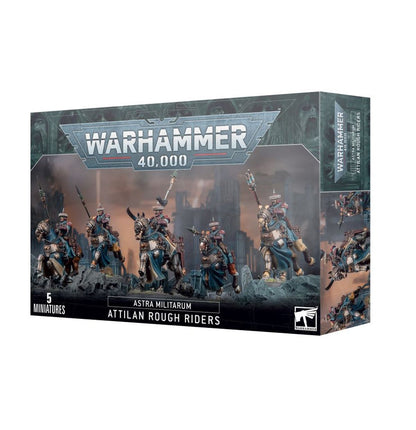 Attilan Rough Riders - pudełko Warhammer 40000 Astra Militarum ciemnoszaro-zielone ilustracja 5 Rough Riders na koniach szarżujących przez ruiny z hunting lance i szablami 5 Miniatures Games Workshop