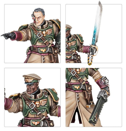 Cadian Castellan - plansza 4 zbliżenia: głowa cybernetyczne oko wskazuje; power sword turkusowy z rękojeścią żółto-czarną; głowa czapka oficerska ciemna skóra; power fist zielony z piłą łańcuchową Warhammer 40K
