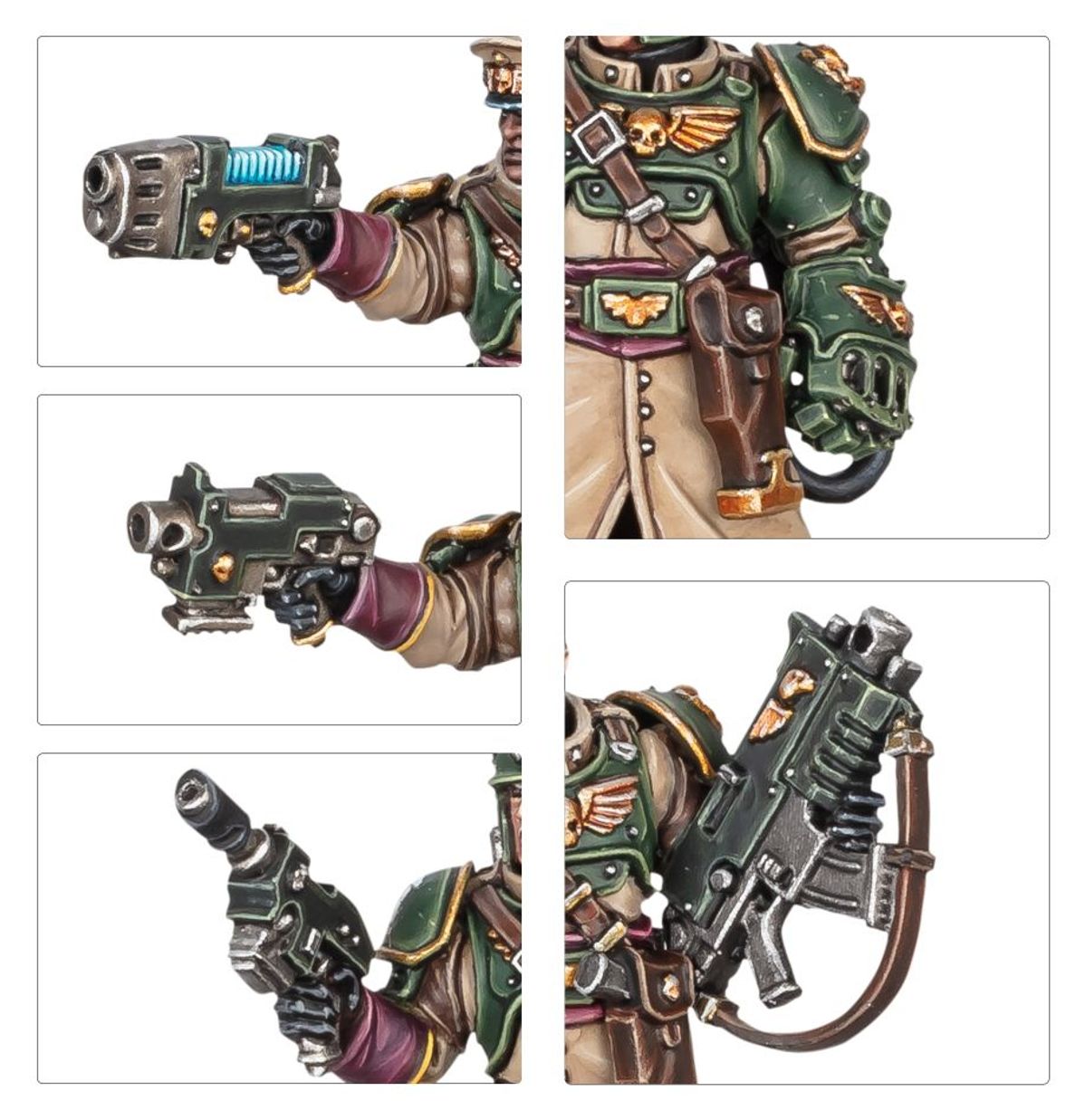 Cadian Castellan - plansza 6 zbliżenia: plasma pistol turkusowy z lufą; zielona zbroja złoty orzeł i czaszki na piersi; bolt pistol czarny; zielona zbroja złoty pas z orłem; las pistol czarny; boltgun czarny na plecach Warhammer 40K