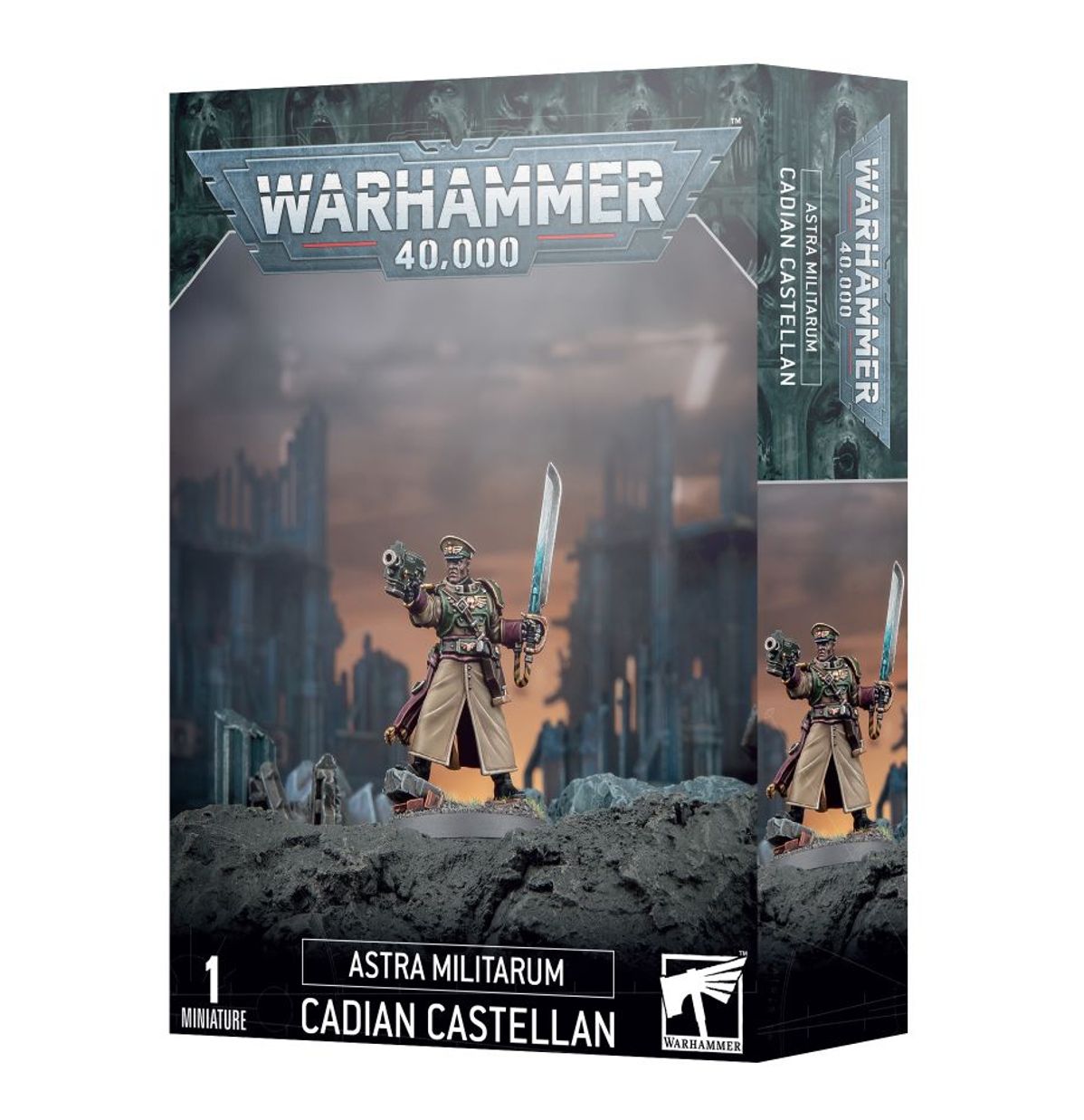 Cadian Castellan - pudełko Warhammer 40000 Astra Militarum szaro-zielone 1 Miniature oficer z plasma pistol i power sword szare ruiny tło Games Workshop