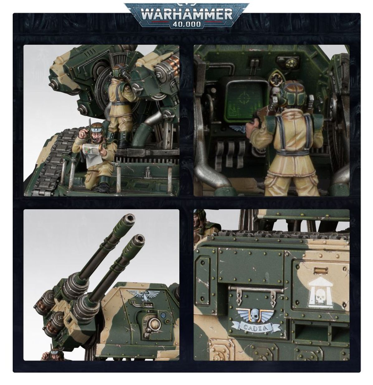 Hydra - plansza Warhammer 40000 zbliżenia gunner przy mechanizmie obrotu i spotter z mapą wnętrze kabiny z operatorem przy ekranie celowniczym twin autocannon z symbolem orła i boczny panel z napisem CADIA Astra Militarum