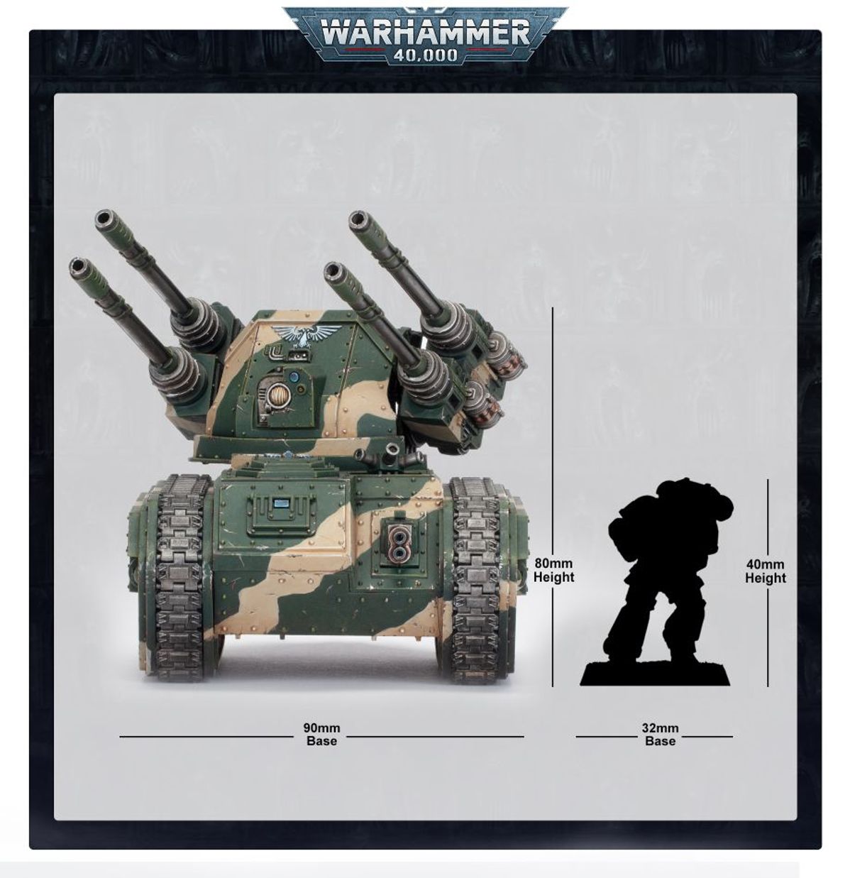 Hydra - porównanie rozmiarów widok z przodu 90mm szerokości podstawy i 80mm wysokości obok sylwetki Space Marine 32mm podstawy i 40mm wysokości Astra Militarum Warhammer 40K