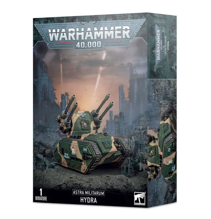 Hydra - pudełko Warhammer 40000 Astra Militarum szaro-turkusowe z ilustracją zielono-piaskowego czołgu w ruinach miasta z rakietami w tle 1 Miniature Games Workshop
