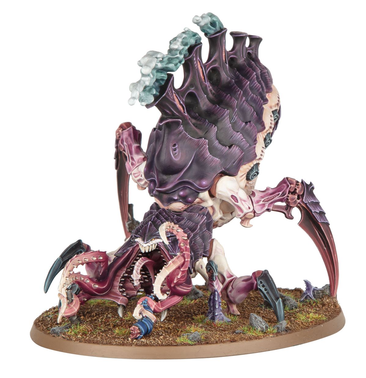 Psychophage Tyranids - widok z tyłu fioletowo-różowe ciało 6 szponiastych kończyn grzbietowe kominy z turkusowymi sporami brak paszczę widoczna brązowa podstawka owalna Warhammer 40K