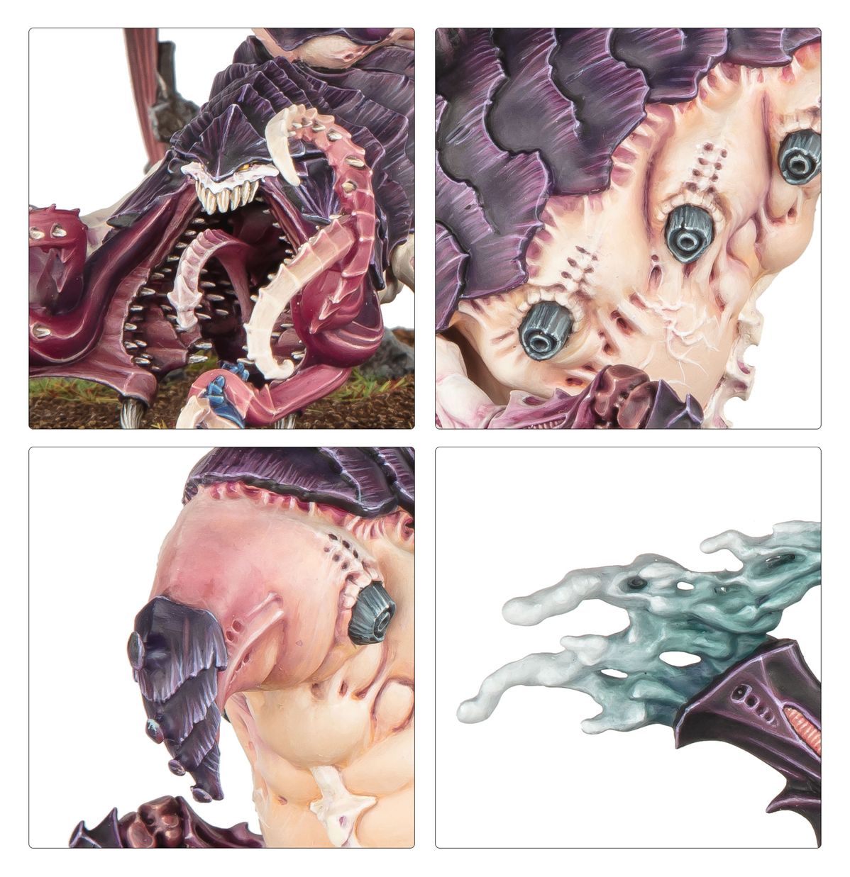 Psychophage Tyranids - plansza 4 zbliżenia: wieloszczękowa paszcza różowo-fioletowa z białymi zębami i mackami; grzbiet fioletowy z 4 szarymi oczami i szwami; zbliżenie boku szare oko i fioletowe łuski; turkusowe spory na grzbietowym kominie Warhammer 40K