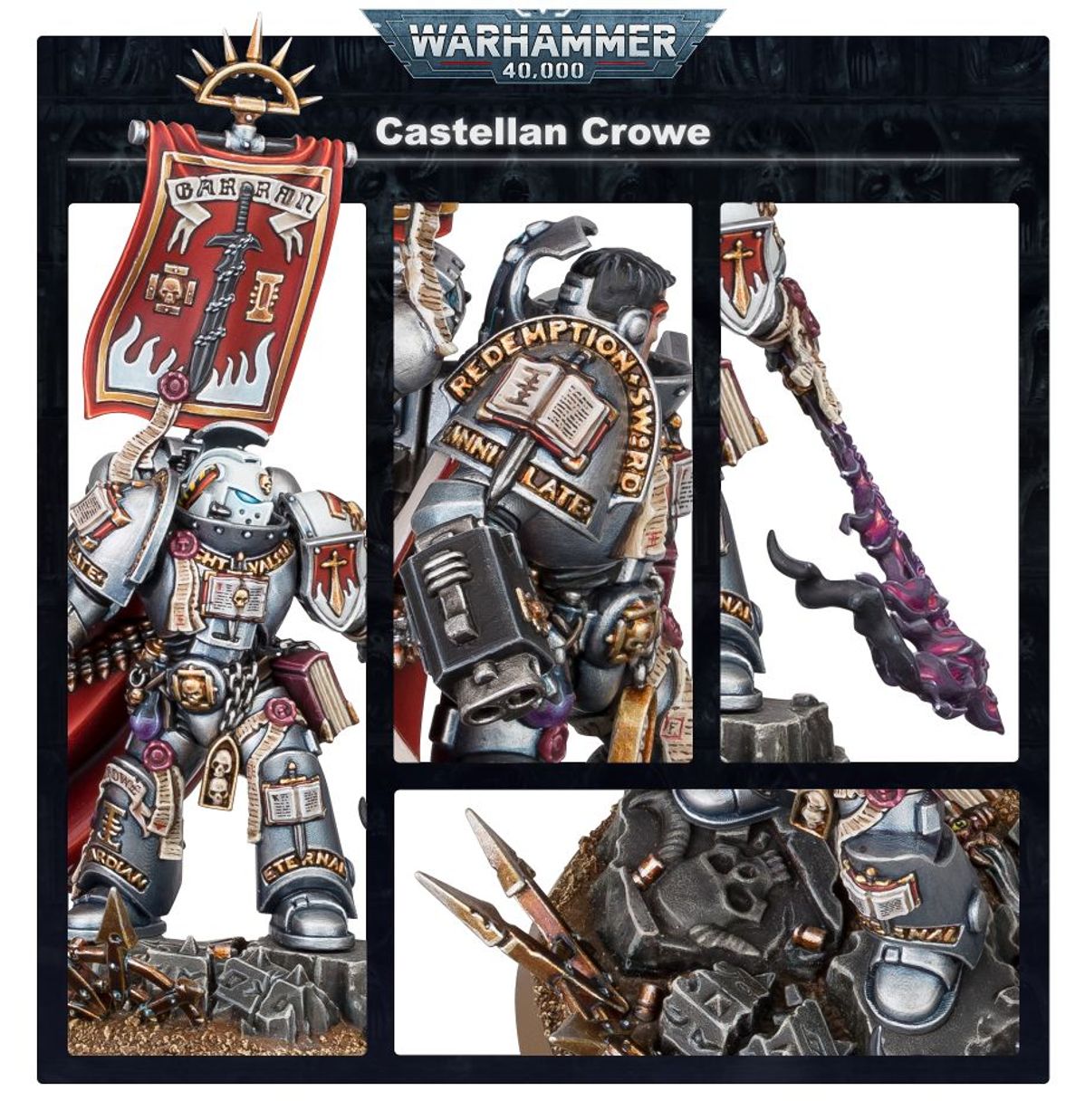 Castellan Crowe Grey Knights - plansza 4 zbliżenia: bordowy sztandar z mieczem i płomieniami; plecy szara zbroja napis "Redemption Sword Annihilate" złota księga; Black Blade of Antwyr fioletowo-różowy z demonicznym płomieniem; podstawka szare ruiny z czaszką Warhammer 40K
