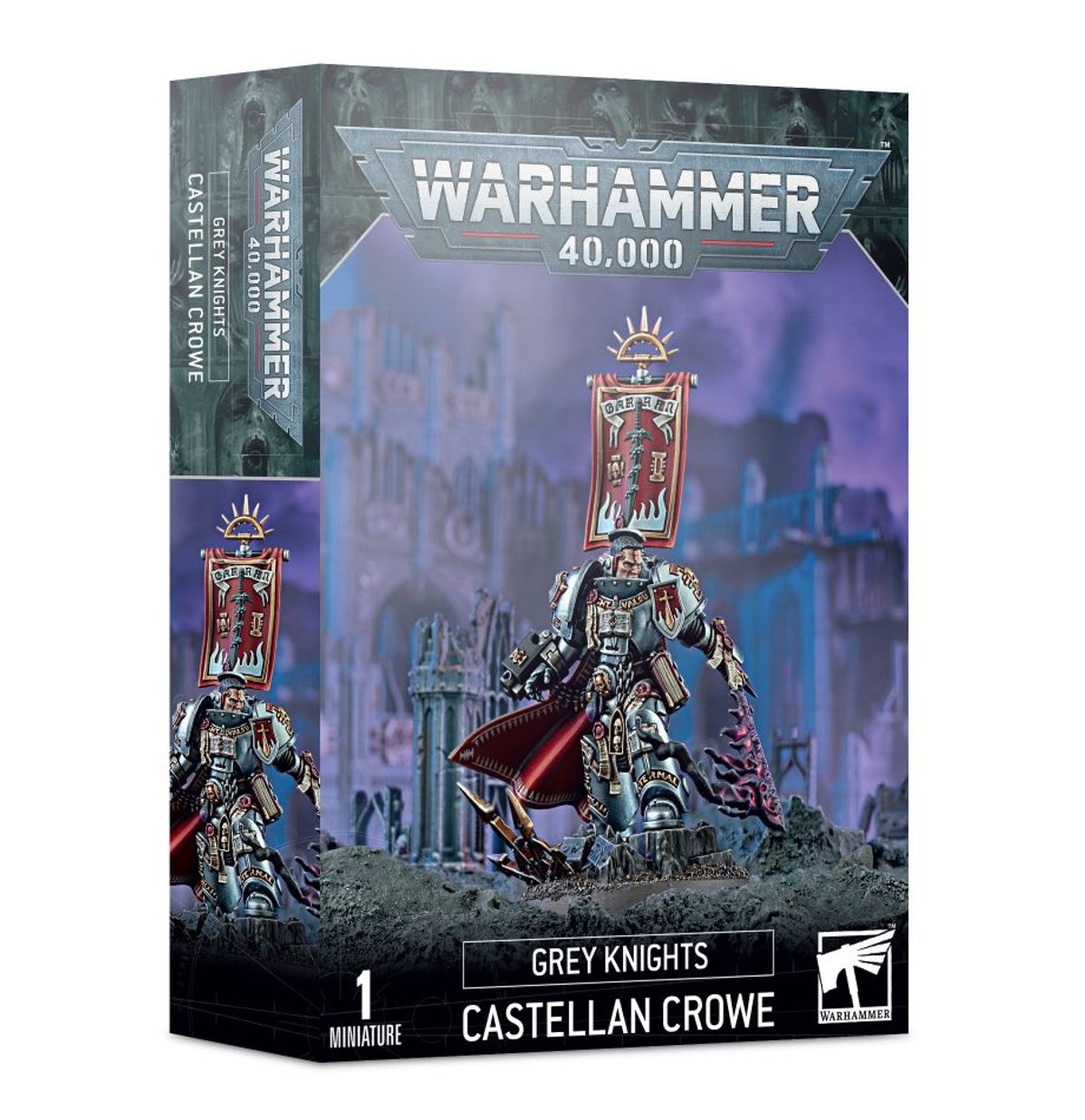 Castellan Crowe - pudełko Warhammer 40000 Grey Knights szaro-fioletowe 1 Miniature Crowe ze sztandarem i Black Blade szare ruiny fioletowe tło Games Workshop