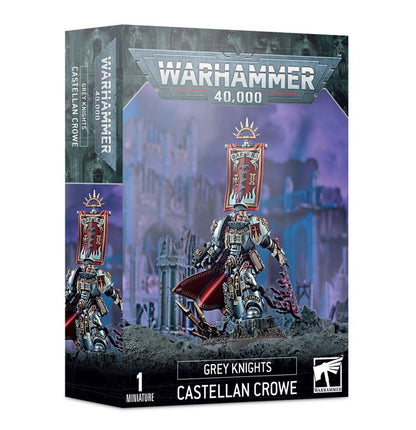 Castellan Crowe - pudełko Warhammer 40000 Grey Knights szaro-fioletowe 1 Miniature Crowe ze sztandarem i Black Blade szare ruiny fioletowe tło Games Workshop